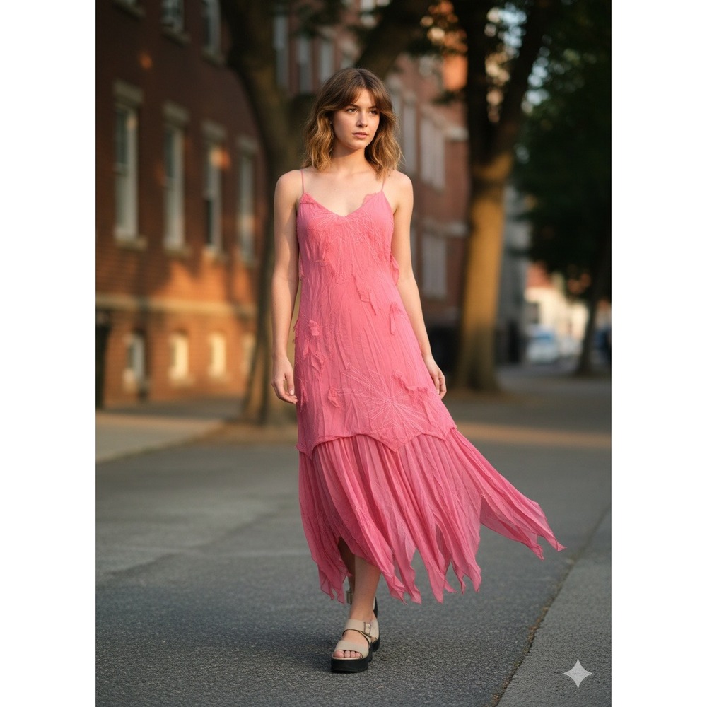 Saza USA Pink Floral 90‎ Applique Strappy Midi Dress Flounce Hem Size Small